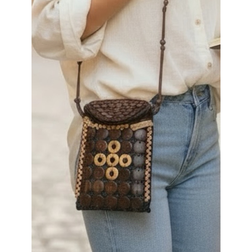 Boho Coconut Shell Crossbody Bag Handmade Beaded Festival Hippie Purse